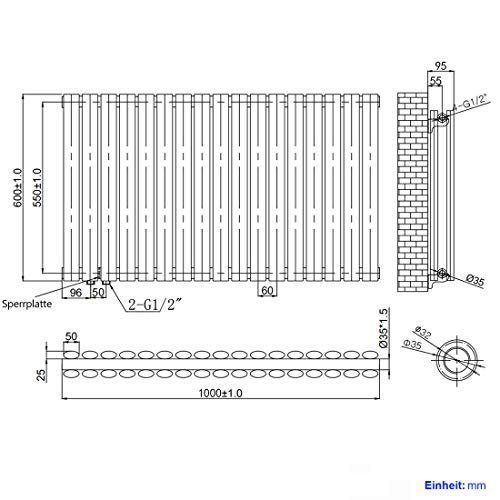 EMKE Oval Heizkörper Horizontal 600x1000mm, Design Heizkörper Horizontal Doppellagig Röhrenheizkörper Seitenanschluss Weiß 1554W-8