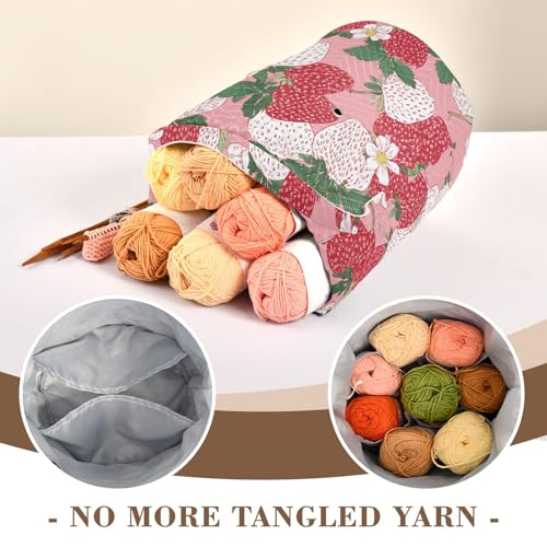 Image of Tatenale Crochet Bag Yarn Bag Knitting Project Bag with Pockets and Handle Portable Yarn Storage Organizer Tangle Free 8.3x11 InchPink White Strawberries Flowers25