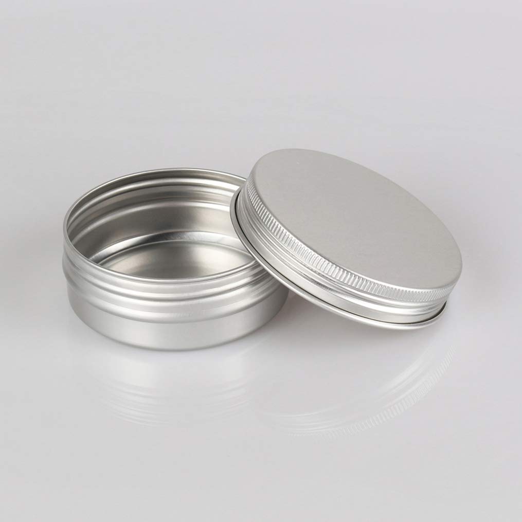 100 piezas 60ml Tarros de hojalata de aluminio de plata redondos vacíos con tapas de tornillo envases de cosméticos ideales para bálsamo labial DIY vela pomada en polvo artesanías incluyendo 3