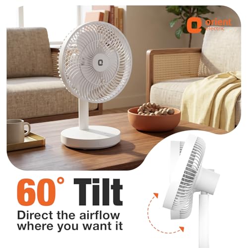 Image of Orient Electric Vento Rechargeable Table Fan | 2000 RPM High Speed Airflow | USB Type-C Charging | 3 Speed Control | 60 Tilt Adjustable | Portable Desk Fan with LED Light for Home, Office & Study
