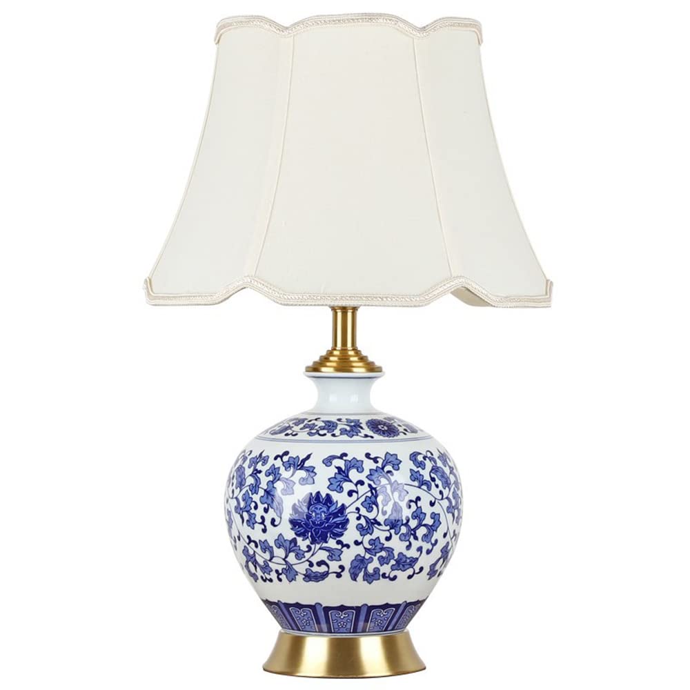 SANBDDLYY Elegant Blue and White Ceramic Table Lamp - Mid Century Bell Shade Design for Bedroom, Living Room, and Office