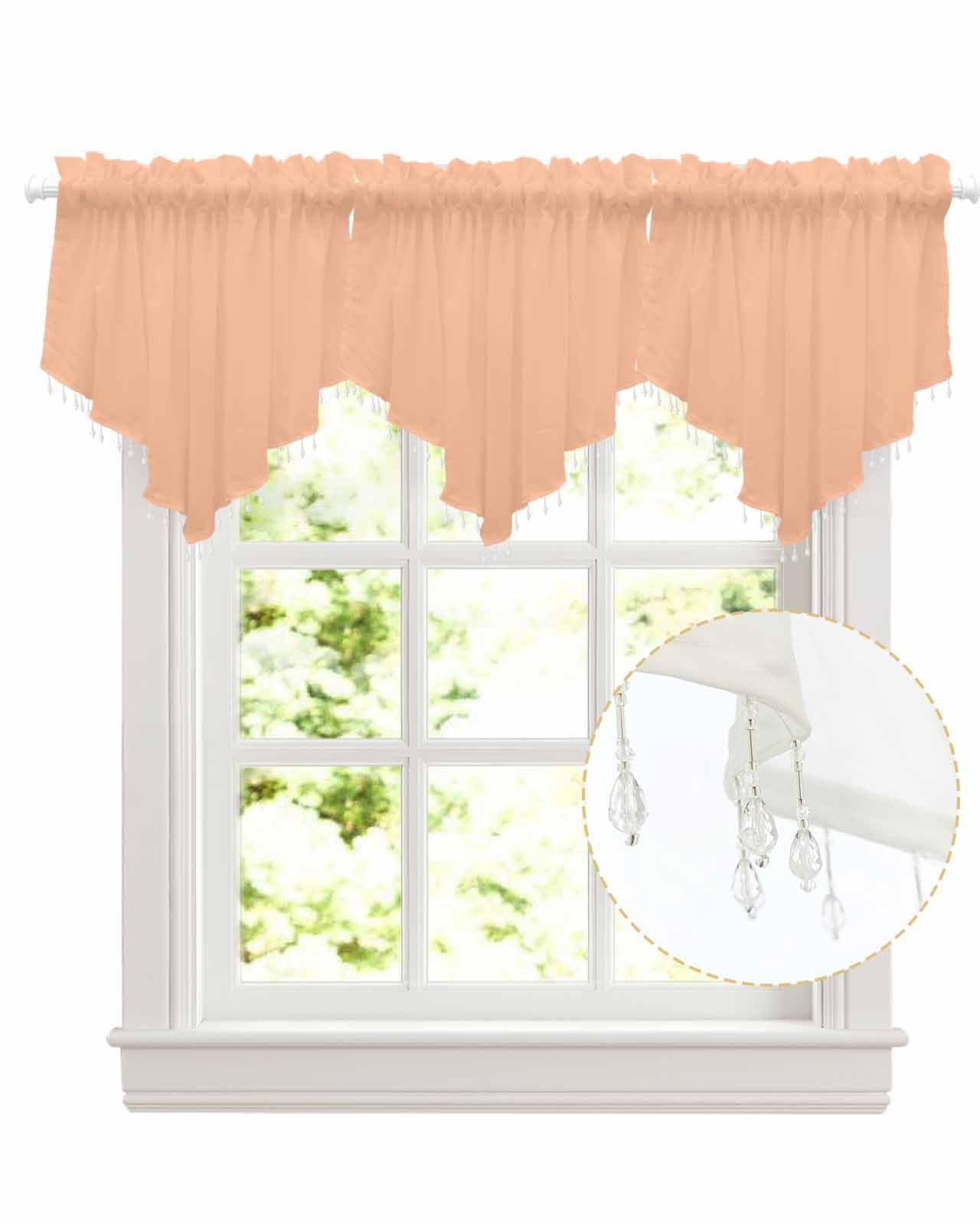 Anzona Peach Fuzz Beaded Sheer Curtain Valance, Farmhouse Sheer Valance with Tassels for Window Treatments, Solid Pink Color Modern Art Decorative