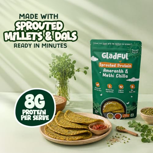 Image of Gladful Sprouted Lentils & Millets Protein Methi Chilla Dosa Mix, No Maida, No Palm Oil, No Cholesterol, Gluten Free, High Fiber 200 G (Pack Of 1)