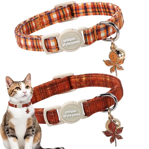 Unique style paws 2 Pack Autumn Halloween Kitten Collar Breakaway with Bell&Pendant Adjustable Safety Coloeful Orange Brown Grid Cat Cotton Collar for Girl Boy Cat and Small Pet