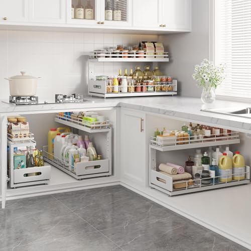 Image of Under Sink Organizer Upgrade To Professional Rails,2-Tier Dual Pull Out Cabinet Storage,Height Adjustable Slide Out Drawers For Bathroom Kitchen,2 Pack-21 inchDx12.8 inch-16.9 inchH,White