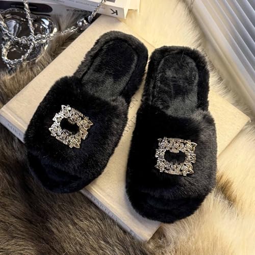 Women's fluffy slippers with open toes and gold chain buckles - soft wool lining, anti-slip rubber soles, fashionable all-season indoor shoes for home and office2