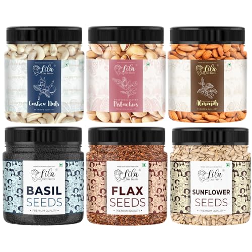 Image of LILA DRY FRUITS Nuts & Seeds Combo Pack - Almonds, Pista, Cashew, Sunflower Seed, Flax Seeds & Basil Seed 100 Gms x 6 | Healthy Snack Mix for Daily Nutrition Perfect for Gifting