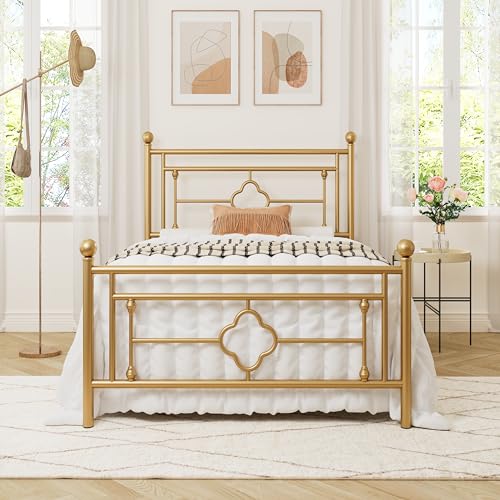 Allewie Twin Size Metal Platform Bed Frame with Victorian Vintage Headboard and Footboard/Mattress Foundation/Under Bed Storage/No Box Spring Needed/Noise-Free/Easy Assembly Gold