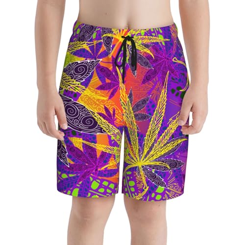 Boys Swim Trunks Marijuana-Leaf Psychedelic Colors Kids Swim Shorts Quick Dry Beach Board Pocket Black3