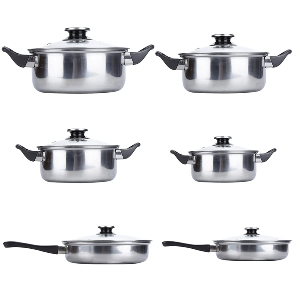 6 Töpfe 12-teiliges Edelstahl-Töpfe und Pfannen Schmortopf Kochgeschirr-Set mit Glasdeckel