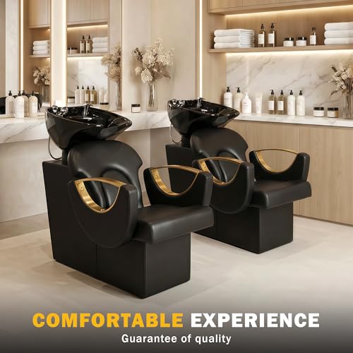 Image of Backwash Shampoo Station Chair for Salon, Adjustable Porcelain Ceramic Hair Wash Bowl, Shampoo Bowl for Spa Beauty Hair Salon Home Equipment