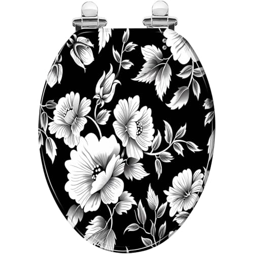 Elongated Toilet Seat black white flowers Resin Toilet Seat Quietly Close Quick Release Hinges Decorative Toilet Seat with Cover Easy to Install