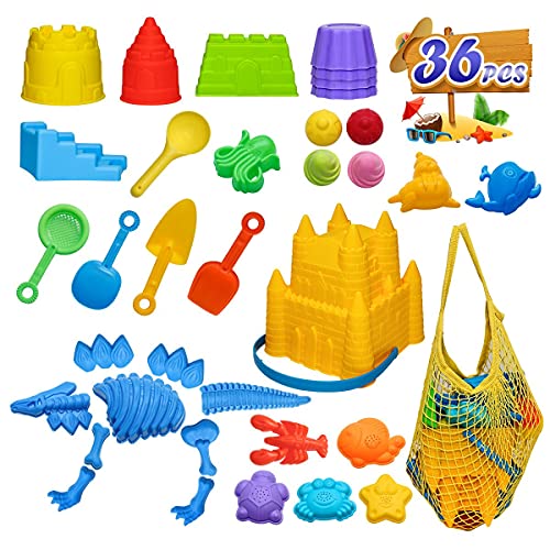 BeneFine Beach Toys, 36 Piece Beach Toys Castle Molds, Ice Cream Mold,Dinosaur Mold,Beach Bucket, Beach Shovel Tool Kit,Fun Outdoor Games Beach Accessories for Toddlers Boys Girls