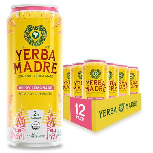 Yerba Madre Organic Yerba Mate, Low Sugar Berry Lemonade, 150mg Natural Caffeine, Energy Drink...