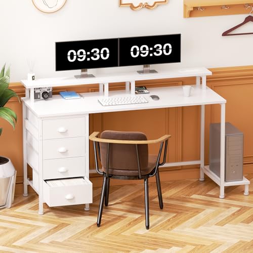 Furologee 55" White Computer Desk with 4 Fabric Drawers & Monitor Stand, Gaming Desk with Power Outlets - LED Lights, Home Office Space-Saving Study Table for Bedroom Small Spaces
