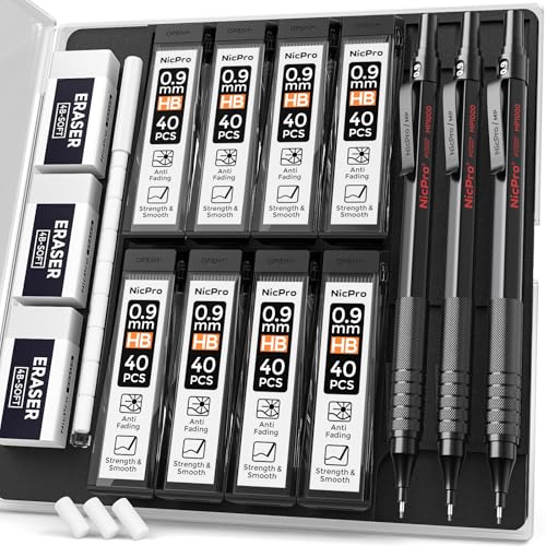 Image of Nicpro 0.9 Metal Mechanical Pencil Set with Case, 3PCS Black MP1000 0.9mm Drafting Pencil, 8 Tubes HB Lead Refills, 3PCS Erasers, Erasers Refills for Artist Writing, Drawing, Sketching