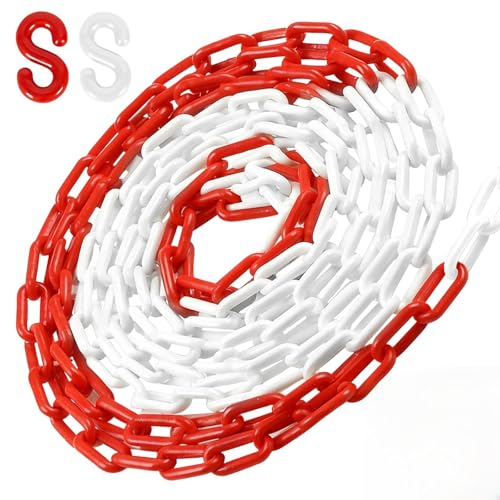 10m Chaine Plastique Rouge et Blanche avec Crochet en S, Chaînes Signalisation Épaisseur 6mm, Chainette Barrage Délimitation Légère Pratique pour Verrouiller Surfaces, Bien Visible, Stable Maniable