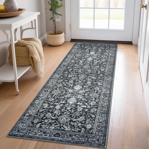 KILOCOCO Hallway Runner 2x6 Rug — Navy/Charcoal Floral, Non-slip