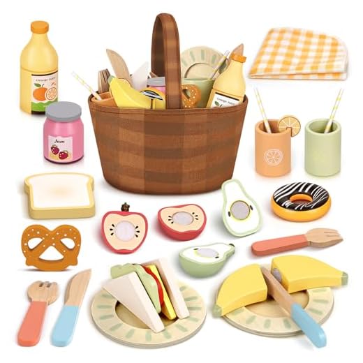 Dreamon Cibo Cucina Giocattolo per Bambini Legno, Accessori da Cucina in Legno Finto Set di Giocattoli da Picnic con Giocattoli da Taglio di Frutta e Verdura, Giochi di Ruolo Giocattoli Bambina 3