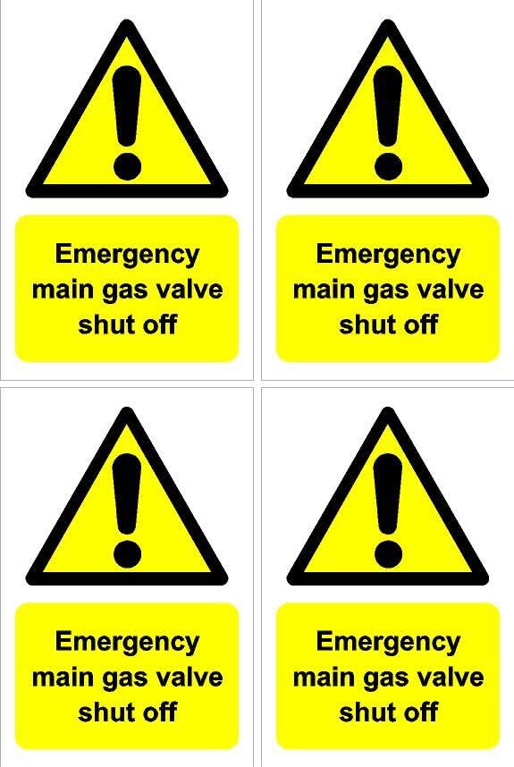Emergency main gas valve shut off sign, 100x150mm, pack of 4 stickers on A4 sheet