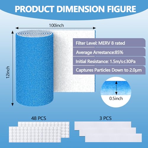 Image of MERV 8 Air Vent Filters, 12 inch x 100 inch Cut to Size Air Filter Material, Triple Vent Filter HVAC Furnace Filters Kit for Home Floor Register, Ceiling, Grilles, with 48Pcs Adhesive Hook Tape