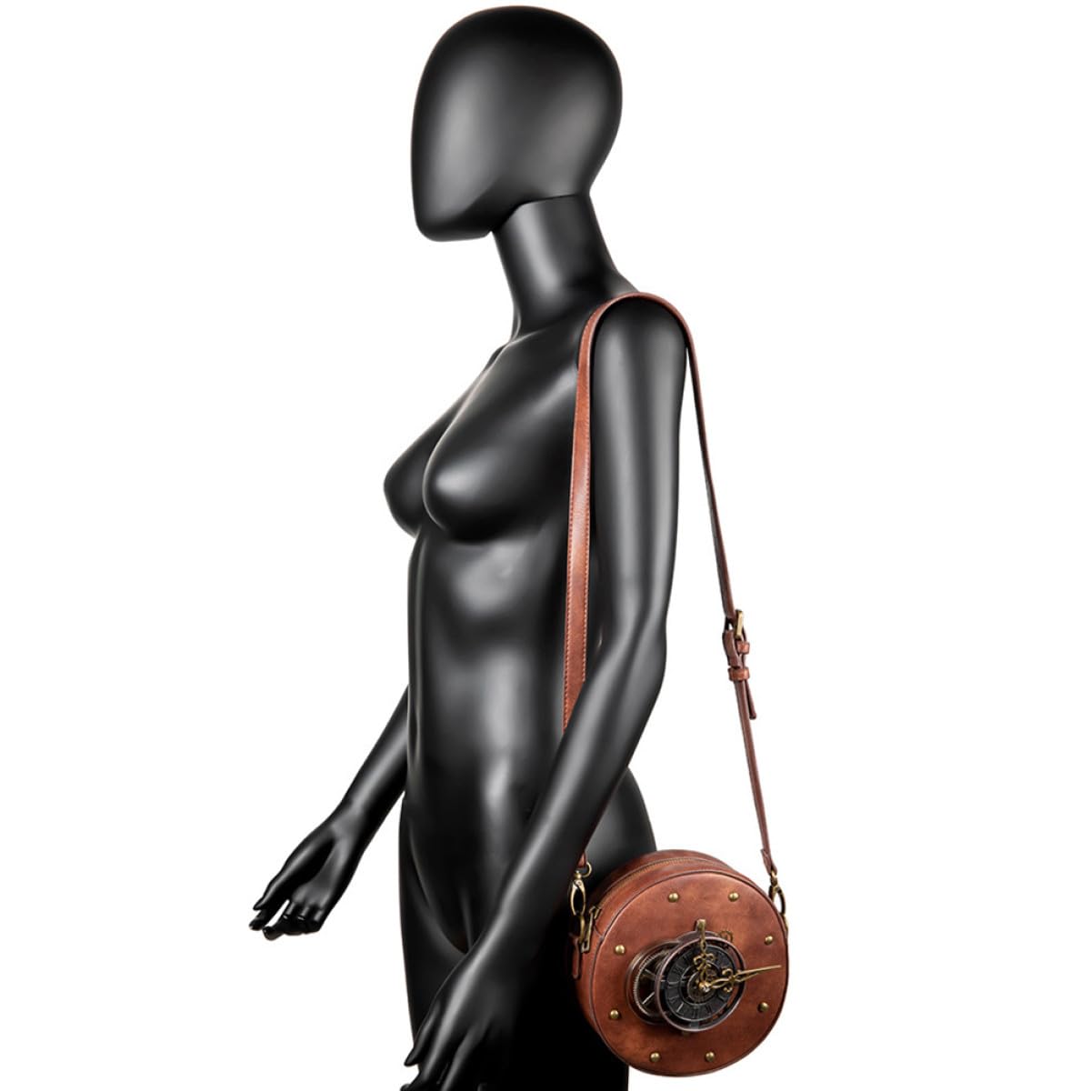 Veemoon Bolso de Hombro Mujer Estilo Steampunk Vintage Redondo, Piel Pu Negra, Bolsa de Almacenamiento Práctica para Uso Diario y Outfits Punk, Diseño Compacto y Moderno