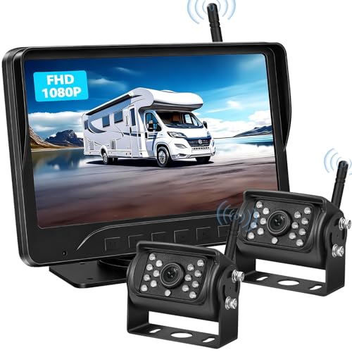 Digitales kabelloses Rückfahrkamera-Set VASTEND: 7'' Monitor mit 2 Rückfahrkameras, 14 Infrarot-LEDs, IP69 wasserdicht, klares Bild für LKW, Anhänger, Wohnmobil, Caravan (VE-7C2)