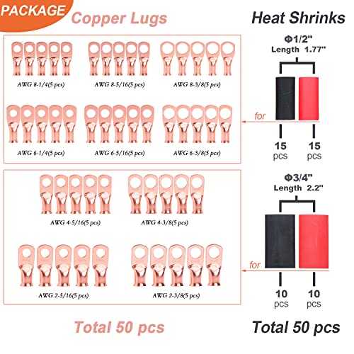 Rockdig 100Pcs Bare Copper Wire Lugs Awg 8 6 4 2 Gauge With Heat Shrink Tube Assortment Kit Heavy Duty Closed End Electrical Wire Cable Battery Terminal Crimp Connectors #TOP5