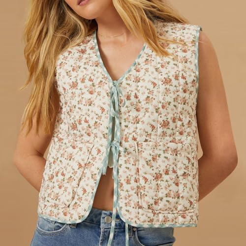 Awoscut Women's Boho Quilted Vest Lightweight Sleevless Cropped Puffer Vest Tie Front Padded Gilet Indian Jackets Coats2