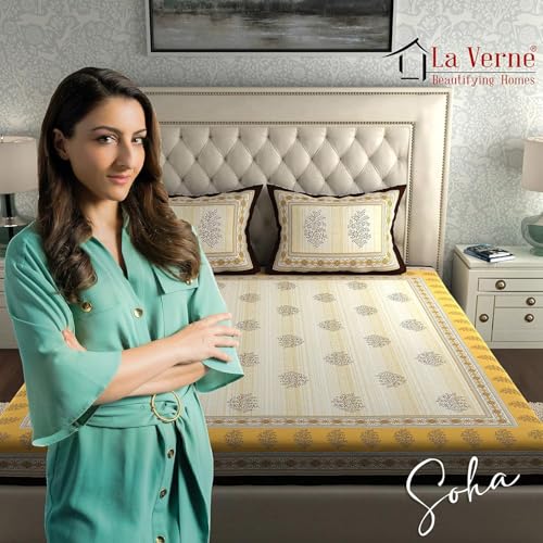 Image of La Verne 104 TC Cotton Double Bed Bedsheet Jaipuri Rajasthani Print Bedsheet with 2 Pillow Covers