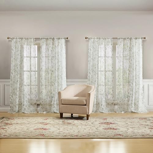 Laura Ashley Barnette Window Curtains with Rod Pocket, 84-inch Length, 4 Panels Set, Semi-Sheer Light Filtering, Green