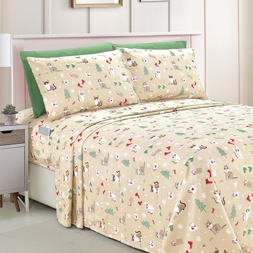 Elegant Comfort Luxury Soft Bed Sheets Holiday Pattern 1500 Premium Hotel Quality Microfiber - Softness Wrinkle and Fade Resistant (4-Piece) Bedding Set Twin XL Cream Cats