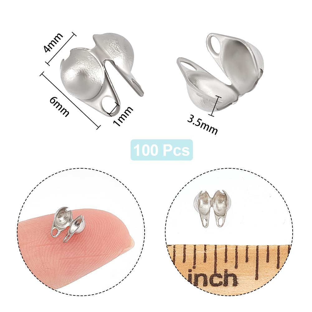 PH PandaHall 100pcs Stainless Steel Cord Ends Open Clamshell Crimp Bead Tips Knot Covers End Caps Jewelry Findings for Bracelet Necklace Making DIY