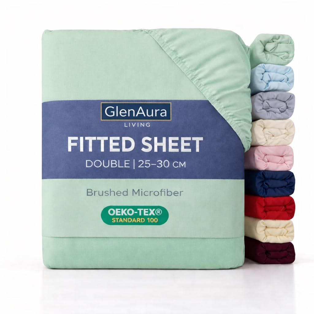 GlenAura Living Fitted Sheet Single, Sage - Deep Pocket 25cm - OEKO-TEX Certified - Brushed Microfibre - Bed Sheet, Soft Stretch Fit, Wrinkle Fade & Shrink Resistant