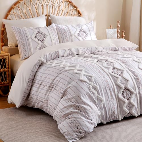 Image of Herside Light Brown 100% Cotton Boho Duvet Cover Set Queen Size, 3-Piece Tufted Textured Modern Boho Moroccan Bedding, Aztec Geometric Farmhouse Comforter Cover with 8 Corner Ties & Double Zipper