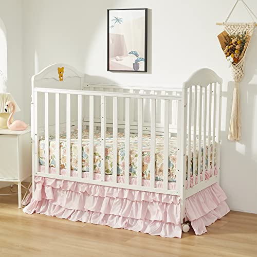 Image of Brandream Crib Bed Skirt for Baby Girls Boys Blush Pink Boho Bohemian Solid Cotton Toddler Bedskirt Farmhouse Chic Ruffle