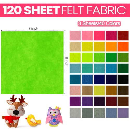 Image of Reginary 120 Pcs 8 x 8 Inch Felt Sheets Bulk for Craft 40 Assorted Color