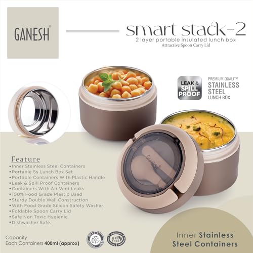 Ganesh Smart Stack 2 Layer Protable Lunch Box Stainless Steel Airtight Leak-Proof Lunch Box for Office, School, Picnic - Brown - 800ml (Image - 5)