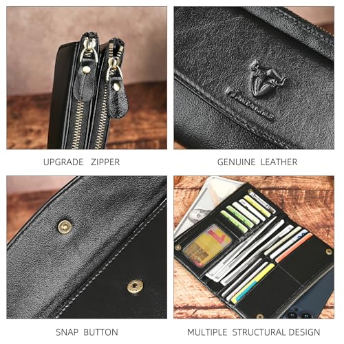 Image of Genuine Crazy Horse Leather Travel Gift Coin Pocket Card Case Long Organizer Chain Rfid Wallet Purse With Snap For Men Male 1803 1815 (6032 The Black)