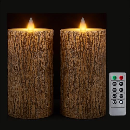 Image of Brown Bark Wax Flameless Pillar Candles with Remote Timer, 3D Moving Flame Led Candles up to 400 Hours with 2AA Batteries, Set of 2(3''x6''), Remote Included (Brown).