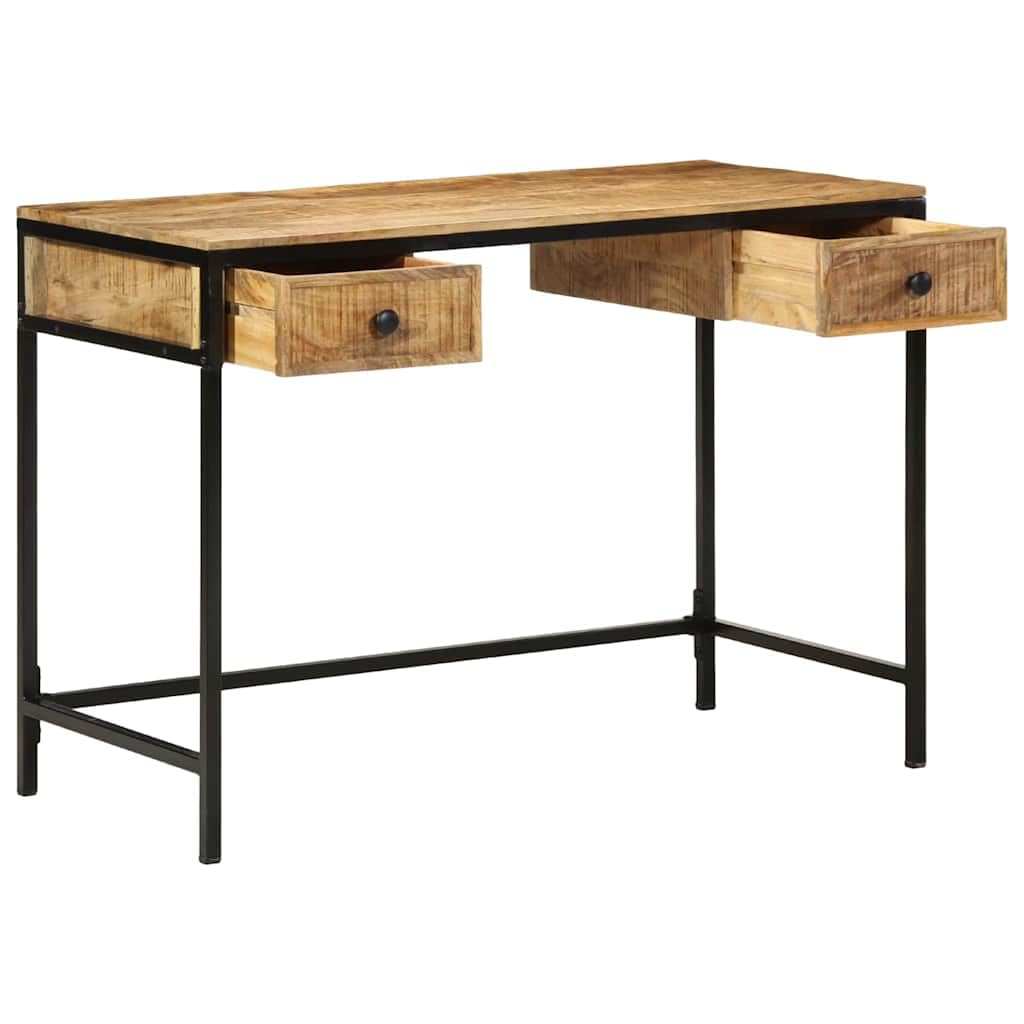 Rustykalne biurko z litego drewna mango z metalową ramą, brązowe 105 x 50 x 75 cm, do sypialni lub gabinetu, z praktycznymi przegródkami na przybory piśmiennicze