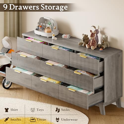 Image of BORNOON Fluted 9 Drawer Dresser, 57.1 inch Wide Modern Boho Chest of Drawers, Wooden Storage Dresser TV Stand for Bedroom, Living Room, Closet, Hallway, Curved Profile Design