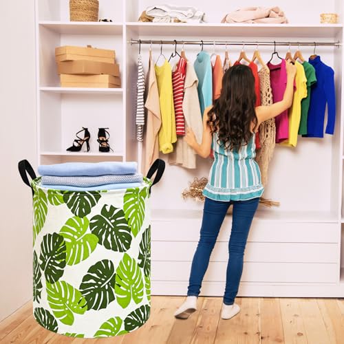 Image of Kids Laundry Hamper Clothes Gift Basket Storage Laundry Baskets Organizer Bin with Handles for Nursery Room (Green Leaf)