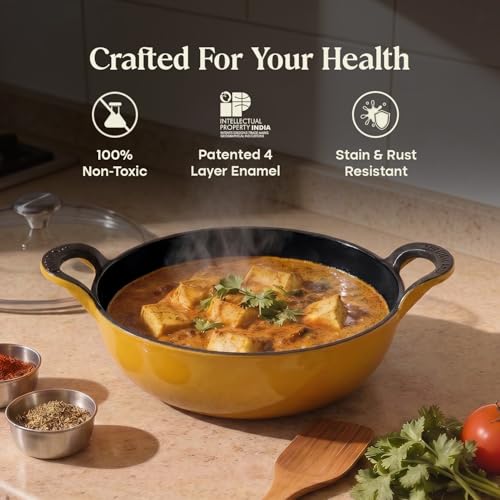 Image of CUMIN CO. Cast Iron Kadai with Lid | 3L, 26 cm | Induction Base Cookware |10 Years Warranty | Non Toxic Heavy Bottom Kadhai for Frying | Chemical Free Coating | Free Accessories | Mustard (Yellow)
