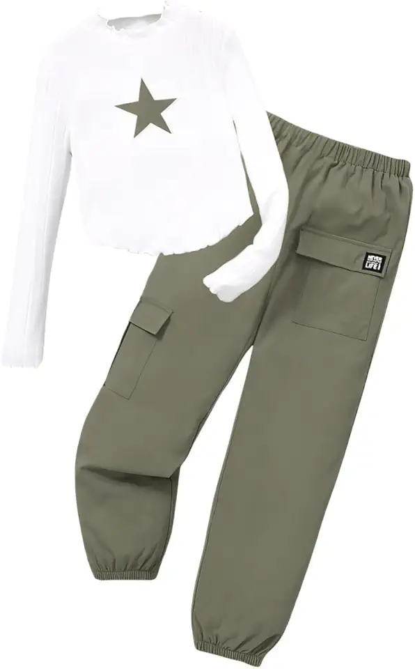 Azmxynol Girls Clothes 2 Piece Outfit Long Sleeve Crop Top + Cargo Pants, Tween Fall Clothing Set, Sizes 5-15 Years