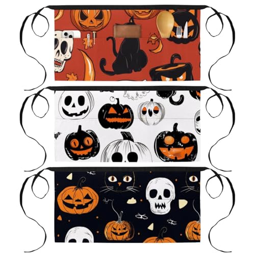 3 Packs Waist Apron With 3 Pockets, Halloween Pumpkin Ghost Bat White Background Durable Server Aprons, Restaurant Waitress Waiter Half Short Aprons, Chef Aprons, 23.6