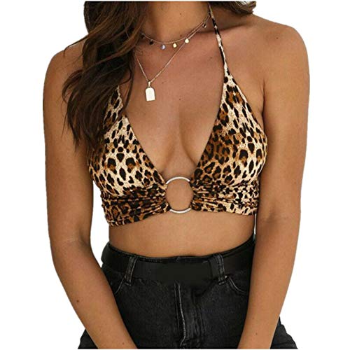 2 Pcs Women Halter Leopard Backless Women Plunging Neckline Crop Top with Golden Ring Centrepiece (m)