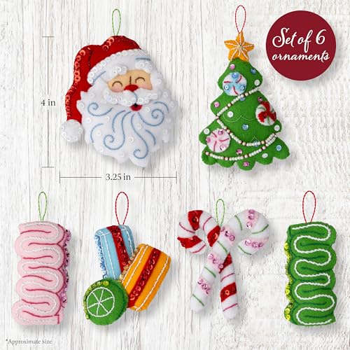 Image of Bucilla Felt Applique 6 Piece Ornament Making Kit, Santa's Candy Christmas, Perfect for DIY Arts and Crafts