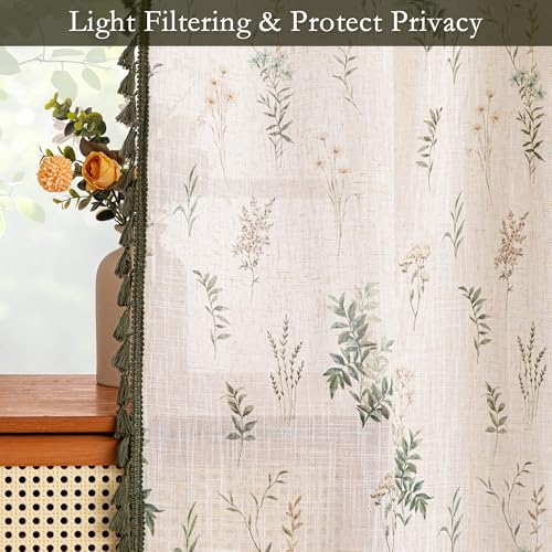 Image of MYSKY HOME Linen Boho Floral Curtains 96 inch Long 2 Panels Green Tassels Leaf Printed Rustic Country Light Filtering Semi Sheer Curtains for Living Room Bedroom, 52 inch Wide Each Panel