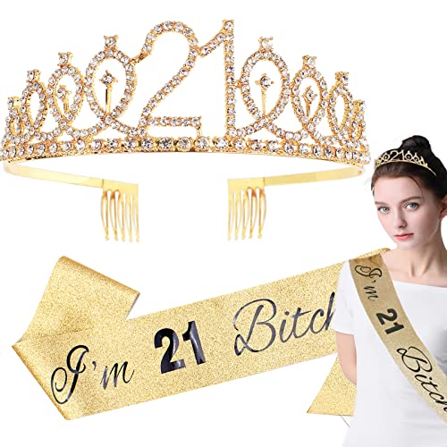 Wecoe 21st Birthday Sash and Tiara Gold Birthday Sash Birthday Crown Crystal Tiara Headband Happy 21st Birthday Gifts Bday Decorations For Her Women Daughter Birthday Gift Ideas Party Supplies Favors